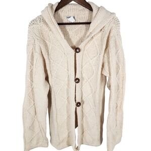 Indigenous 100% Organic Cotton Cream Button Up‎ Hooded Cardigan Coat Chunky M